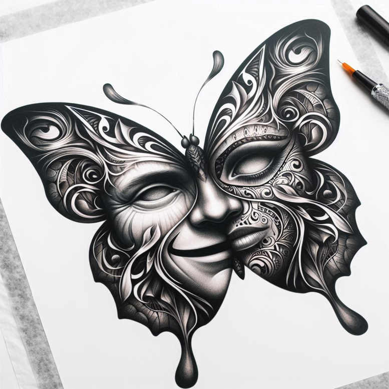 winged-insect – tattoo design ideas free ai generated – surrealism-unearthly – for-elbow – Gallery: butterflies-moths-dragonflies-inkby-ai