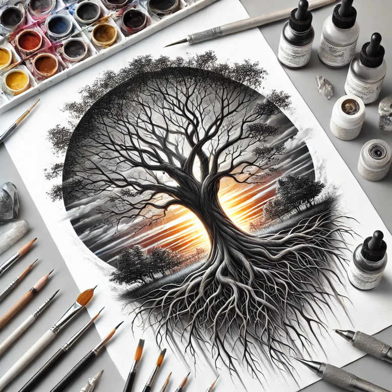 Black tree silhouette with expansive roots inside a circular glow, surrounded by ink bottles and brushes; a black and grey tattoo design concept for cover-up.