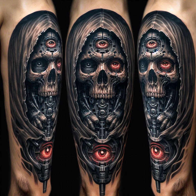 Skull, eye, gear, tube, and circuit in black and grey on the arm; AI-generated tattoo project; cover-up.