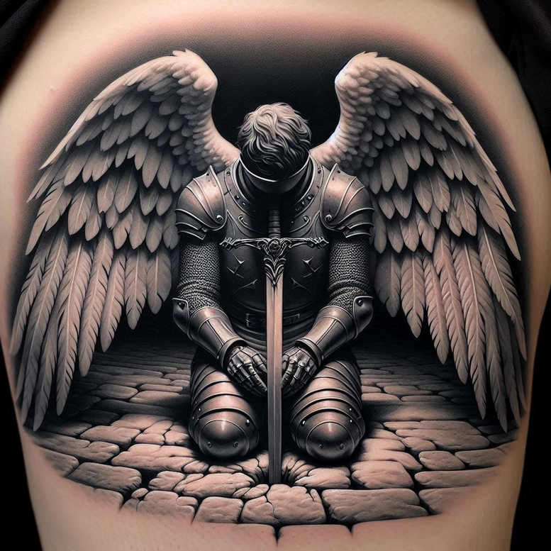Knight in black and grey armor kneels with a sword between hands, wings spread behind, on cracked ground; AI-generated tattoo project; ideal for a cover-up.