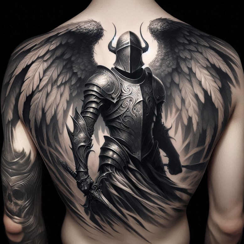 Armor, wing, sword; black and grey tattoo design project; cover-up ready.