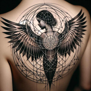 Angel with black and grey wing and a circular geometric pattern on the back; tattoo project idea; cover-up ready.