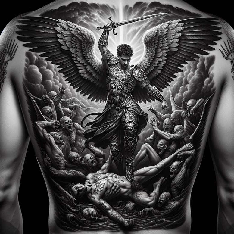 Winged armored warrior with raised sword in black and grey, battling skeletal figures among clouds on a full back tattoo design; AI-generated tattoo project; cover-up-ready.