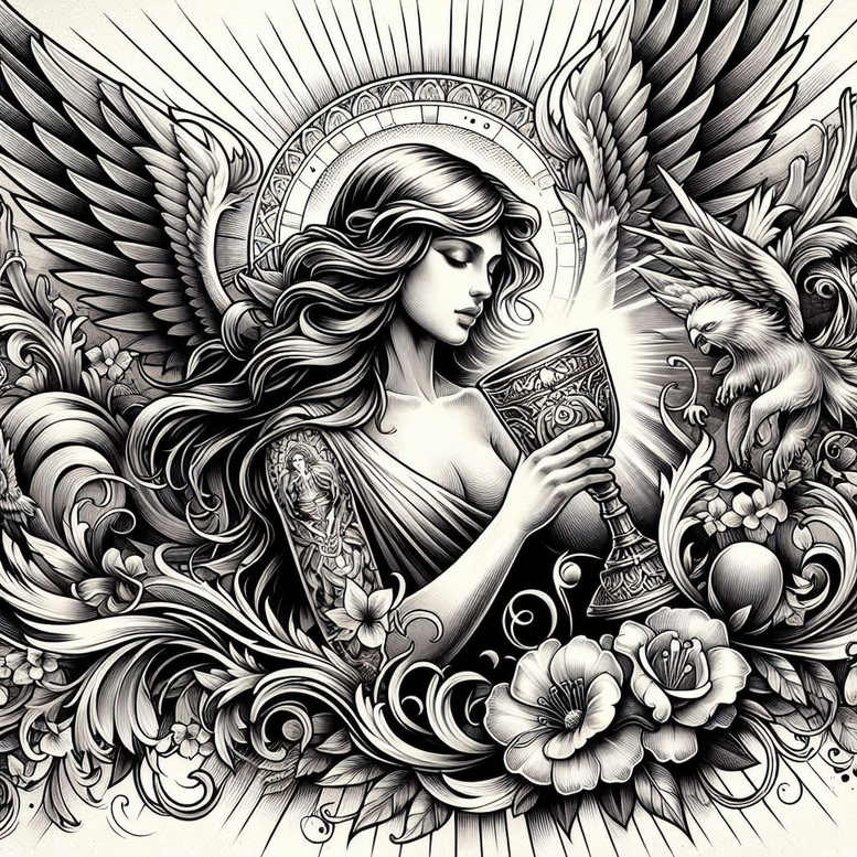 Black and grey tattoo design of a winged woman holding a goblet, with wings, flowers, and a bird; project concept, cover-up-ready.