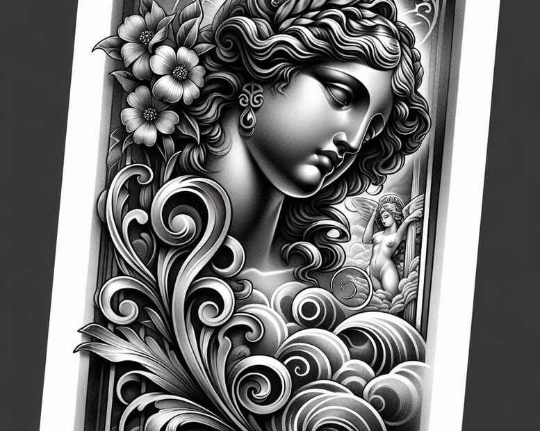 Black and grey Aphrodite-inspired goddess portrait with a flower in the hair and ornamental scrollwork, framed by a border; concept sketch, cover-up suitable.