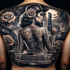 Back tattoo in black and grey with a woman wearing a hat, large roses, a handgun, vintage car, city skyline, moon, and birds; AI-generated tattoo project; ideal for a cover-up.