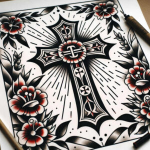 Cross in black and grey with ornate panels, surrounded by red-tinged roses and leaves; tattoo project idea, suitable for a cover-up.