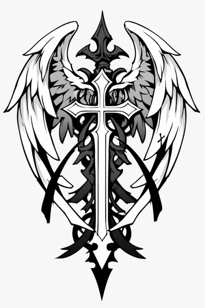 angelic-cross-tattoo – tattoo design ideas free ai generated – neotraditional-bright-color – for-triceps – Gallery: crosses-inkby-ai