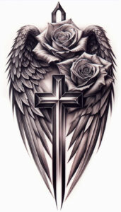 angelic-cross-tattoo – tattoo design ideas free ai generated – neotraditional-rich-shading – for-hip – Gallery: crosses-inkby-ai