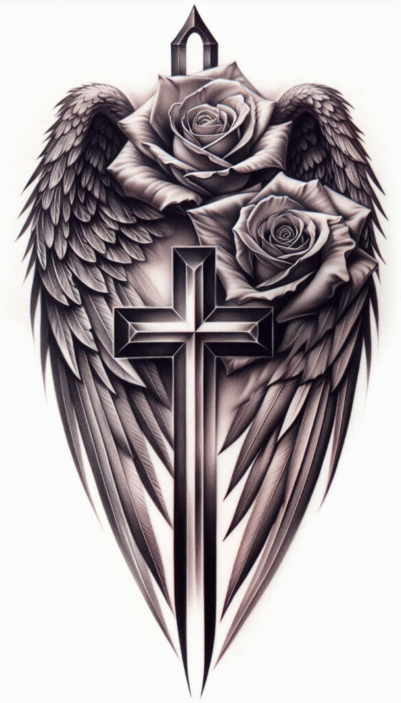 angelic-cross-tattoo – tattoo design ideas free ai generated – neotraditional-rich-shading – for-hip – Gallery: crosses-inkby-ai