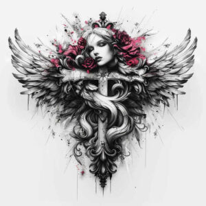 angelic-cross-tattoo – tattoo design ideas free ai generated – realism-illustrative-style – for-sternum – Gallery: crosses-inkby-ai
