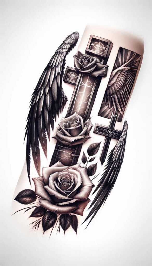 arm-cross-tattoo – tattoo design ideas free ai generated – surrealism-hallucinogenic – for-thigh – Gallery: crosses-inkby-ai