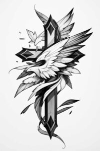 black-and-grey-cross-tattoo – tattoo design ideas free ai generated – surrealism-fantasy-inspired – for-shoulder-blade – Gallery: crosses-inkby-ai