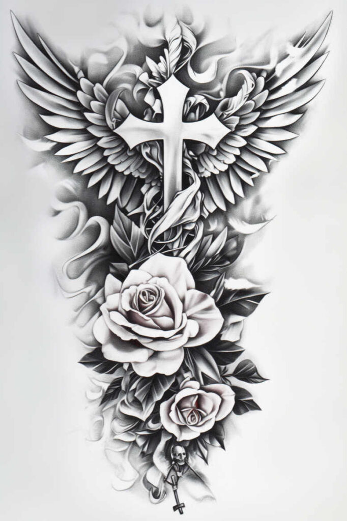 cross-and-heart-tattoo – tattoo design ideas free ai generated – realism-deep-shadows – for-upper-arm – Gallery: crosses-inkby-ai