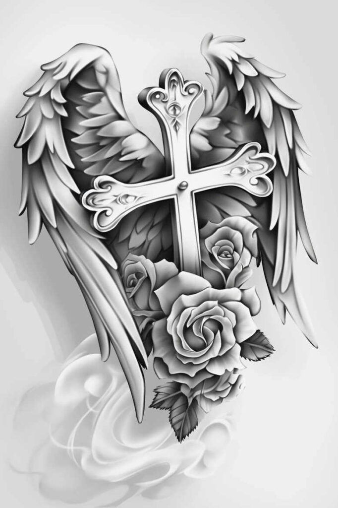 cross-and-heart-tattoo – tattoo design ideas free ai generated – surrealism-melted-shapes – for-upper-back – Gallery: crosses-inkby-ai