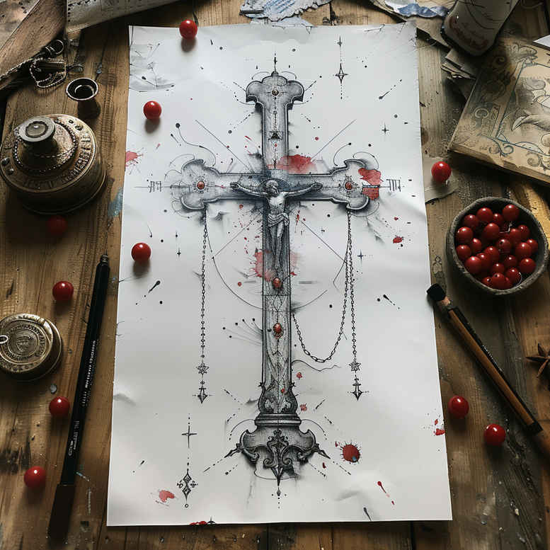 cross-with-halo – tattoo design ideas free ai generated – neotraditional-classic-motifs – for-back – Gallery: crosses-inkby-ai