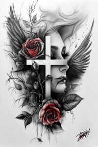 cross-with-halo – tattoo design ideas free ai generated – neotraditional-vintage-influence – for-collarbone – Gallery: crosses-inkby-ai