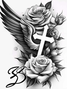 cross-with-halo – tattoo design ideas free ai generated – realism-contrast-play – for-lower-leg – Gallery: crosses-inkby-ai