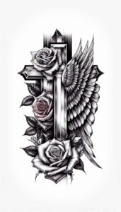 cross-with-inscription – tattoo design ideas free ai generated – neotraditional-contoured-forms – for-lower-back – Gallery: crosses-inkby-ai