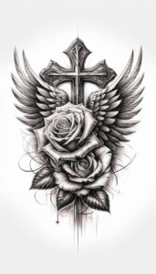 cross-with-inscription – tattoo design ideas free ai generated – neotraditional-precise-lines – for-thigh – Gallery: crosses-inkby-ai