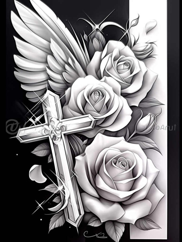 cross-with-inscription – tattoo design ideas free ai generated – neotraditional-vivid-color – for-scapula – Gallery: crosses-inkby-ai