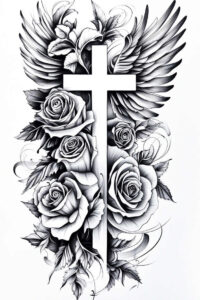 cross-with-inscription – tattoo design ideas free ai generated – surrealism-distorted-reality – for-collarbone – Gallery: crosses-inkby-ai
