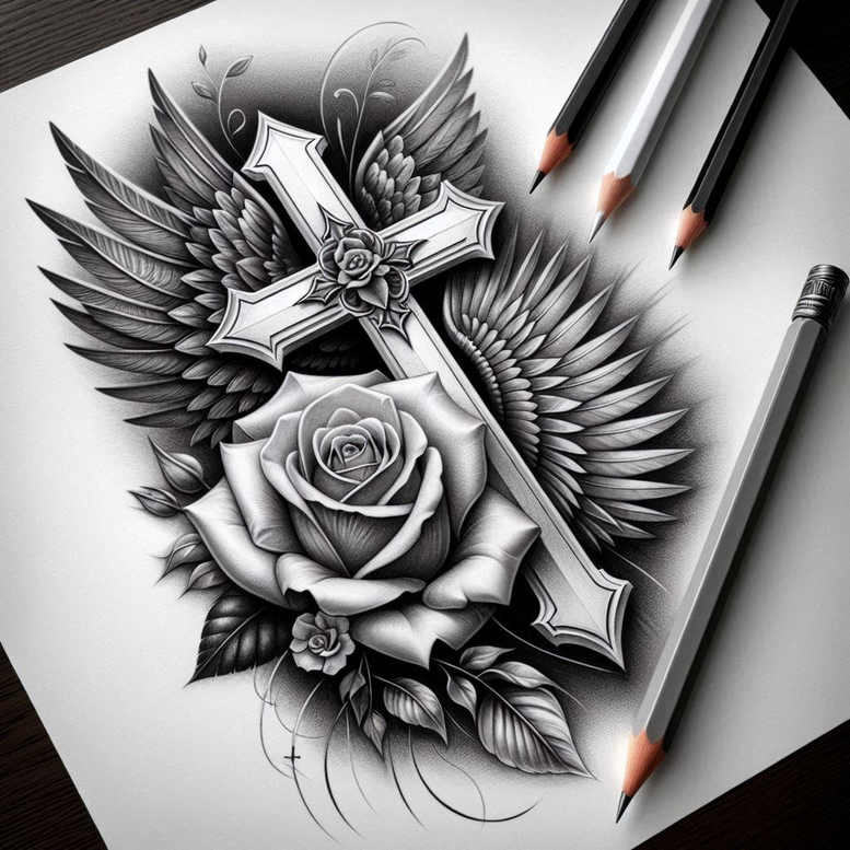 cross-with-leaves – tattoo design ideas free ai generated – neotraditional-refined-lines – for-palm – Gallery: crosses-inkby-ai