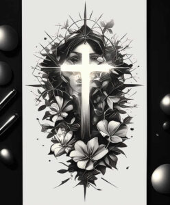 cross-with-leaves – tattoo design ideas free ai generated – realism-ink-precision – for-behind-ear – Gallery: crosses-inkby-ai