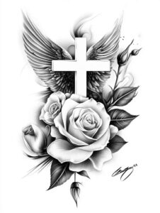 cross-with-ribbon – tattoo design ideas free ai generated – neotraditional-bold-highlights – for-outer-arm – Gallery: crosses-inkby-ai