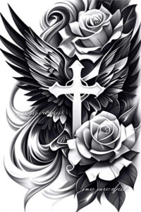cross-with-ribbon – tattoo design ideas free ai generated – neotraditional-enhanced-color – for-back – Gallery: crosses-inkby-ai