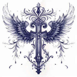 cross-with-ribbon – tattoo design ideas free ai generated – surrealism-dreamlike – for-heel – Gallery: crosses-inkby-ai
