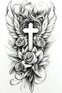 cross-with-stars – tattoo design ideas free ai generated – neotraditional-decorative-flourishes – for-upper-chest – Gallery: crosses-inkby-ai