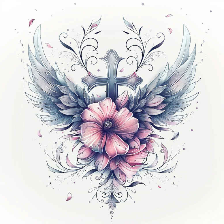 cross-with-stars – tattoo design ideas free ai generated – neotraditional-dynamic-color – for-stomach – Gallery: crosses-inkby-ai