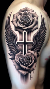 cross-with-stones – tattoo design ideas free ai generated – realism-mirrored-effect – for-elbow – Gallery: crosses-inkby-ai