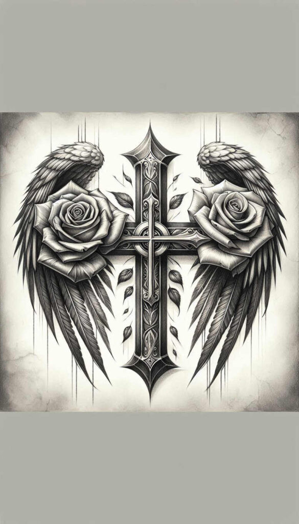 cross-with-symbol – tattoo design ideas free ai generated – neotraditional-bold-highlights – for-lower-chest – Gallery: crosses-inkby-ai