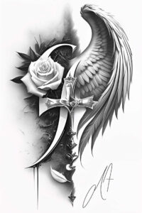 cross-with-symbol – tattoo design ideas free ai generated – realism-clean-whites – for-elbow – Gallery: crosses-inkby-ai