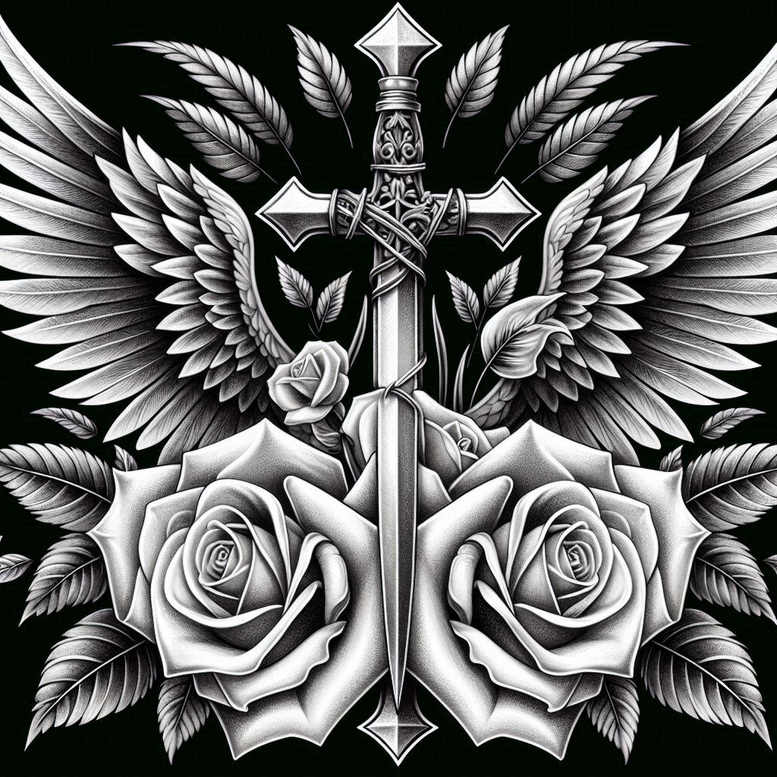 cross-with-symbol – tattoo design ideas free ai generated – surrealism-ethereal-glow – for-upper-thigh – Gallery: crosses-inkby-ai