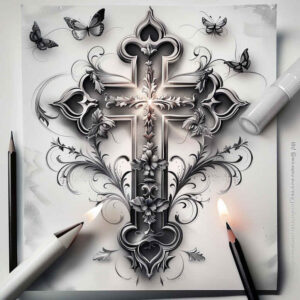 cross-with-zircons – tattoo design ideas free ai generated – realism-soft-transitions – for-abdomen – Gallery: crosses-inkby-ai
