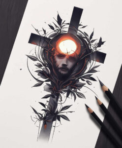 delicate-cross-tattoo – tattoo design ideas free ai generated – neotraditional-dynamic-color – for-calf – Gallery: crosses-inkby-ai