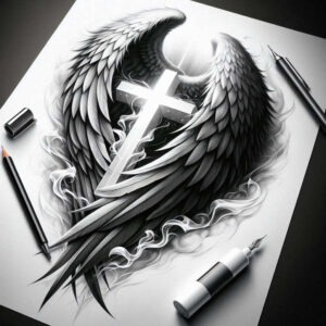 geometric-cross-tattoo – tattoo design ideas free ai generated – neotraditional-bold-texture – for-shin – Gallery: crosses-inkby-ai