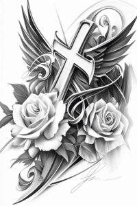 latin-cross-tattoo – tattoo design ideas free ai generated – realism-depth-of-field – for-upper-back – Gallery: crosses-inkby-ai