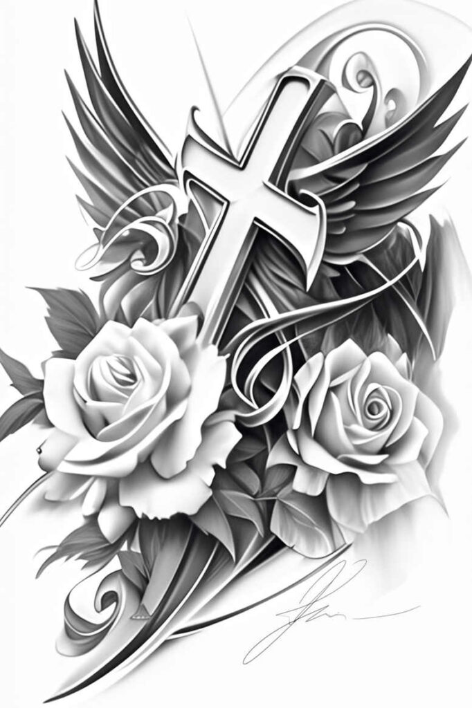 latin-cross-tattoo – tattoo design ideas free ai generated – realism-depth-of-field – for-upper-back – Gallery: crosses-inkby-ai
