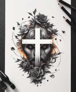 latin-cross-tattoo – tattoo design ideas free ai generated – surrealism-morphic – for-behind-ear – Gallery: crosses-inkby-ai