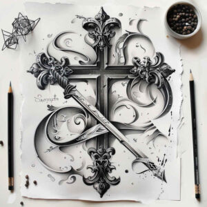 minimalist-cross-ink – tattoo design ideas free ai generated – neotraditional-dynamic-color – for-upper-chest – Gallery: crosses-inkby-ai