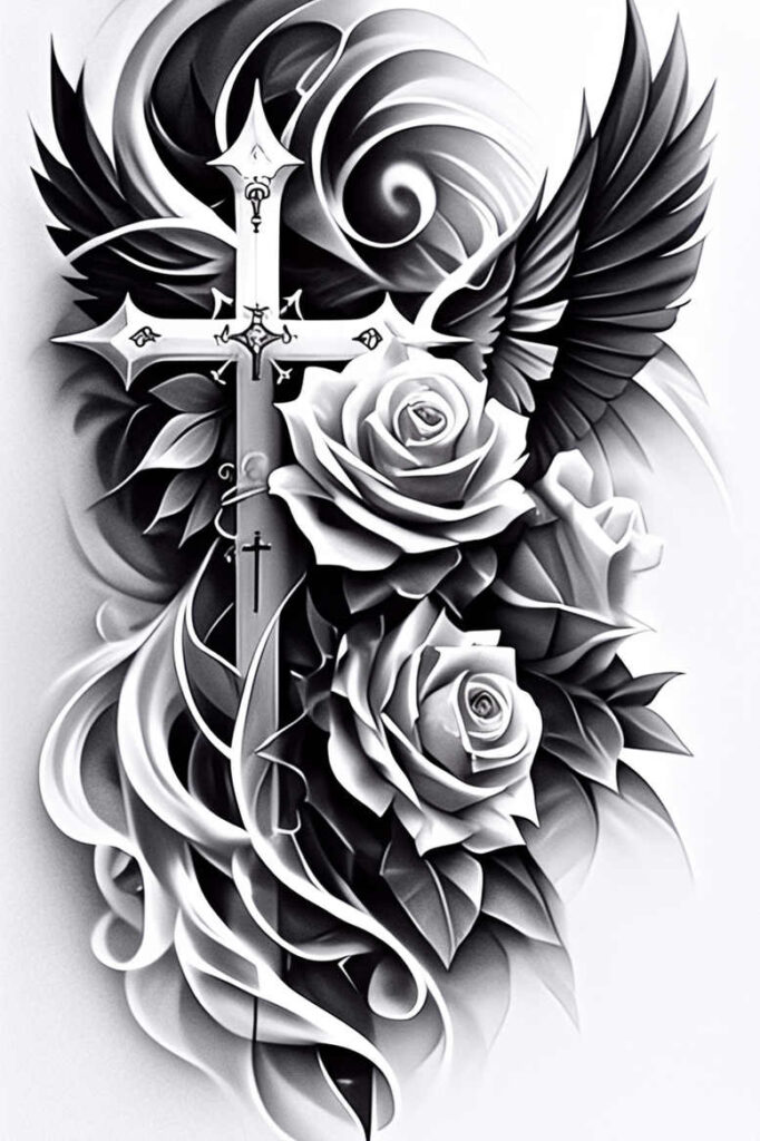 ornamental-cross-ink – tattoo design ideas free ai generated – neotraditional-artistic-contrast – for-outer-arm – Gallery: crosses-inkby-ai