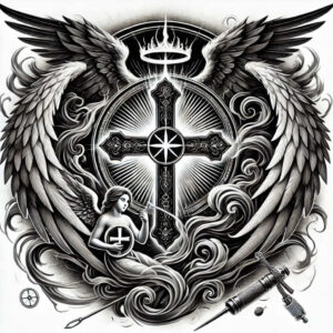 ornamental-cross-tattoo – tattoo design ideas free ai generated – neotraditional-defined-outlines – for-upper-back – Gallery: crosses-inkby-ai