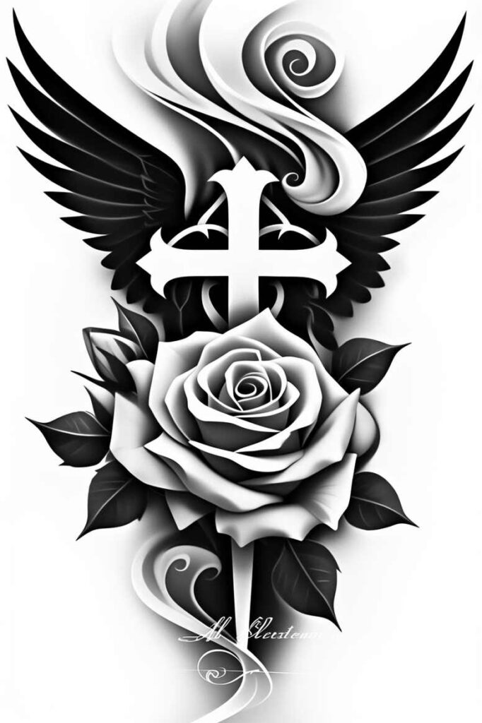 ornamental-cross-tattoo – tattoo design ideas free ai generated – neotraditional-layered-fill – for-chest – Gallery: crosses-inkby-ai