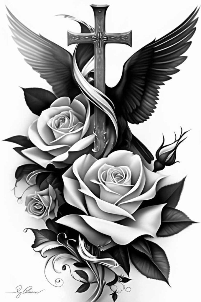 peace-cross-tattoo – tattoo design ideas free ai generated – neotraditional-defined-outlines – for-sternum – Gallery: crosses-inkby-ai