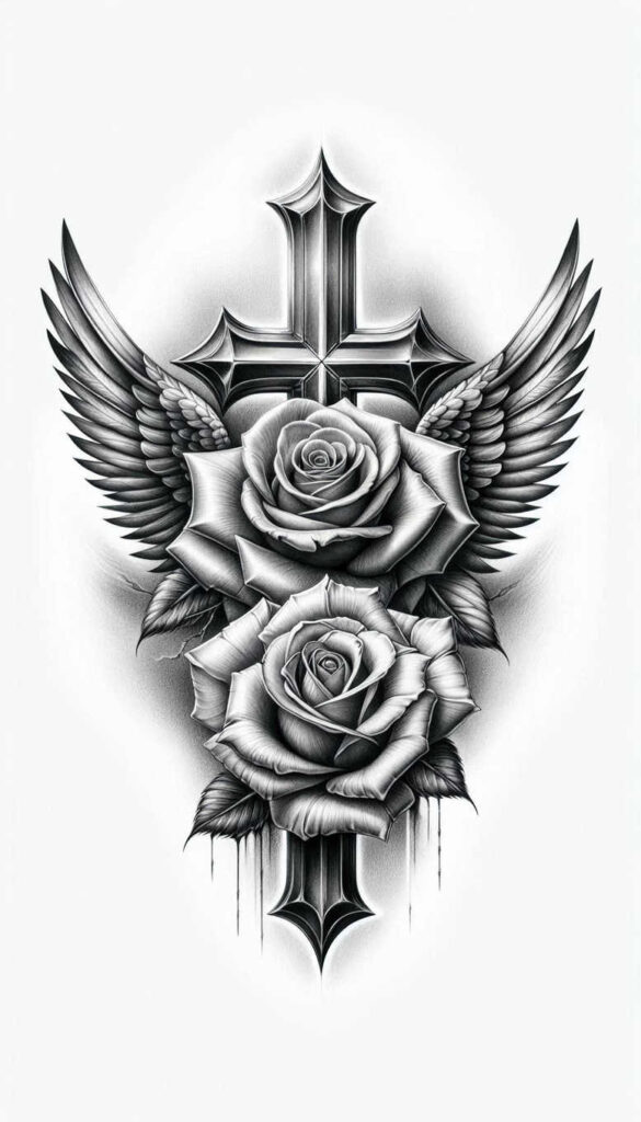 religious-cross-tattoo – tattoo design ideas free ai generated – surrealism-esoteric – for-upper-thigh – Gallery: crosses-inkby-ai