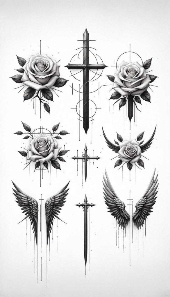 religious-symbol-tattoo – tattoo design ideas free ai generated – surrealism-enigmatic-light – for-upper-arm – Gallery: crosses-inkby-ai